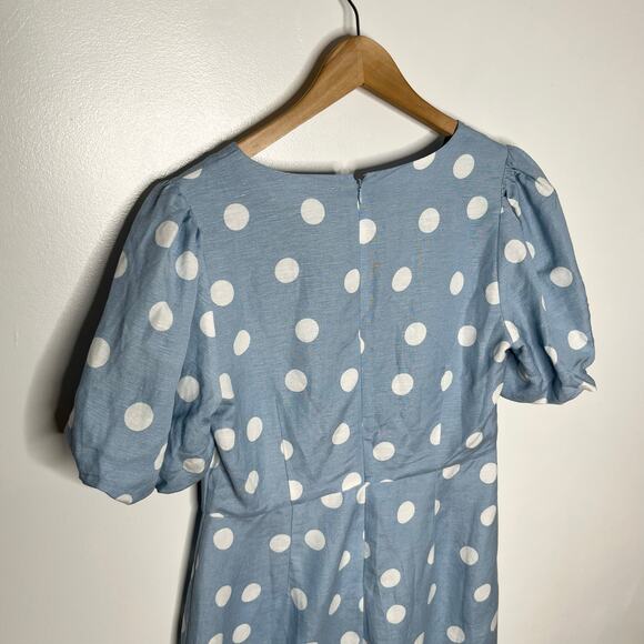 Loft Short Sleeve Linen Blend Mini Dress 6 Blue White Polka Dot 2025 Style - Picture 9 of 12